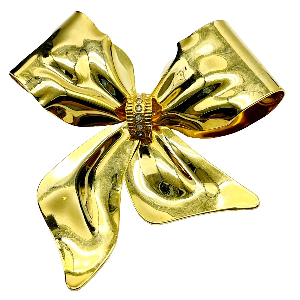 Vintage Gold Tone Bow Brooch Large Shiny Ribbon Statement Pin Estate Jewelry